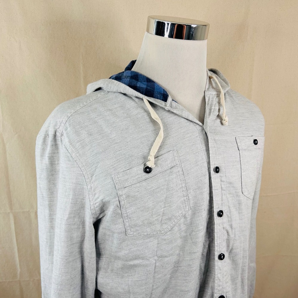 Johnnie-O Large Surflannel Hoodie Shirt Gray Cotton Hooded Button Front Mens